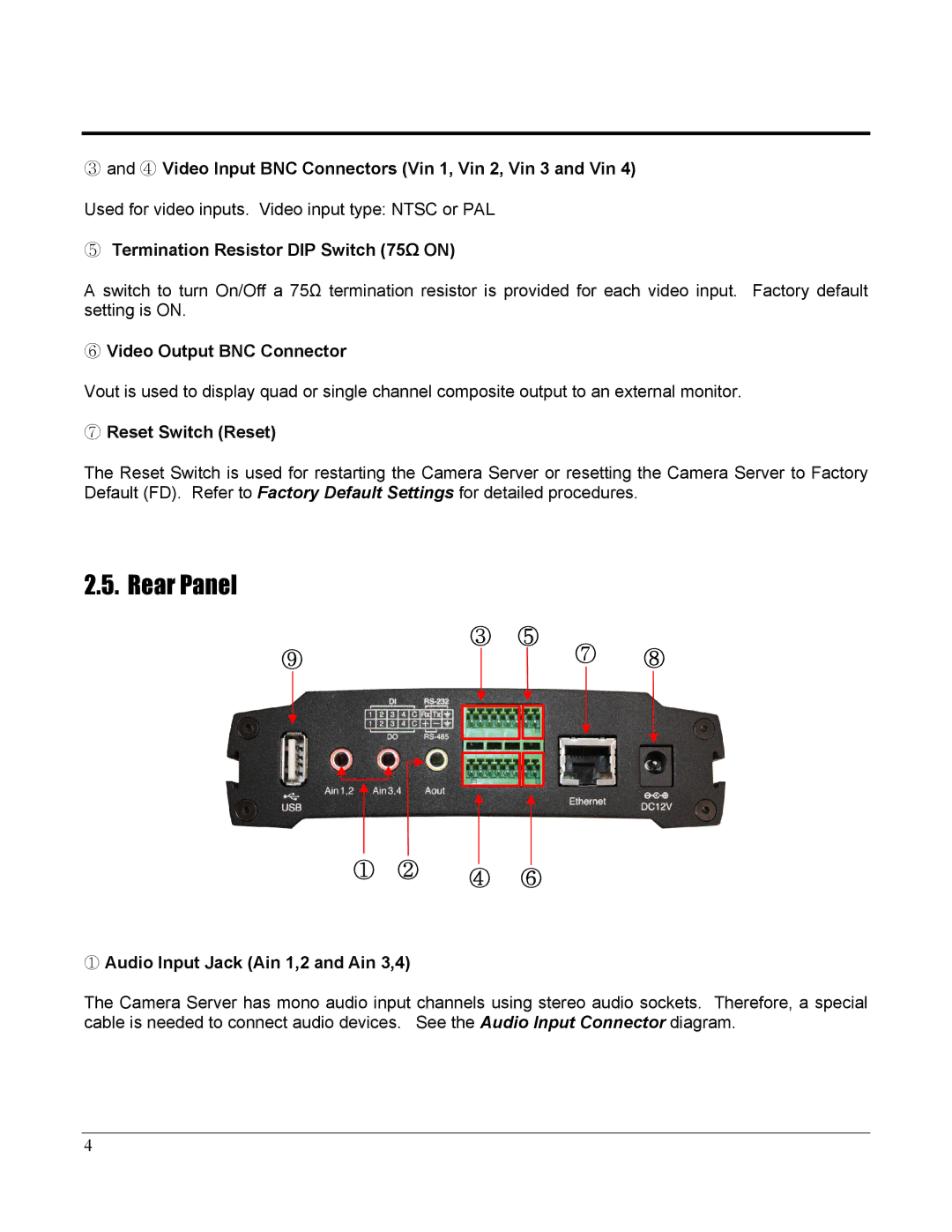 Home Automation 87A00-1 manual Rear Panel, ⑤ Termination Resistor DIP Switch 75Ω on, ⑥ Video Output BNC Connector 