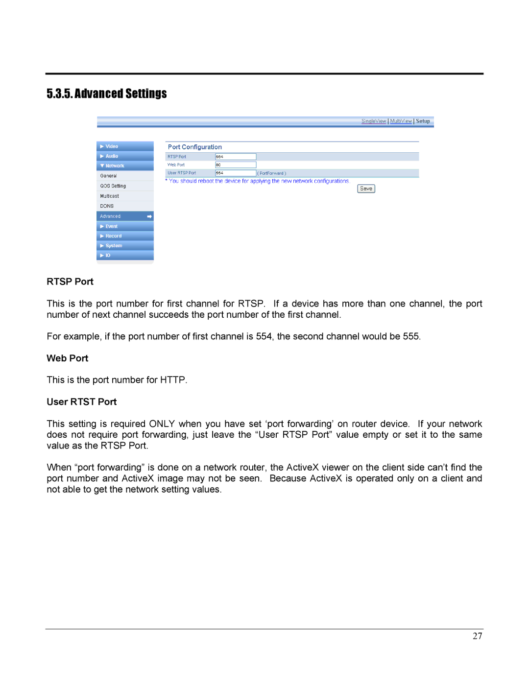 Home Automation 87A00-1 manual Advanced Settings, Rtsp Port, Web Port, User Rtst Port 