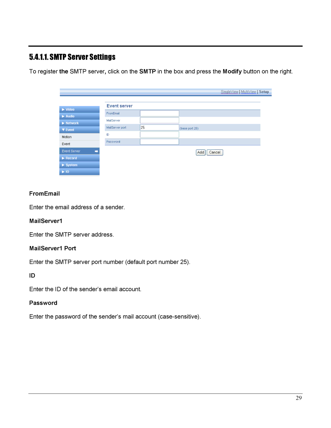 Home Automation 87A00-1 manual Smtp Server Settings, FromEmail, MailServer1 Port, Password 