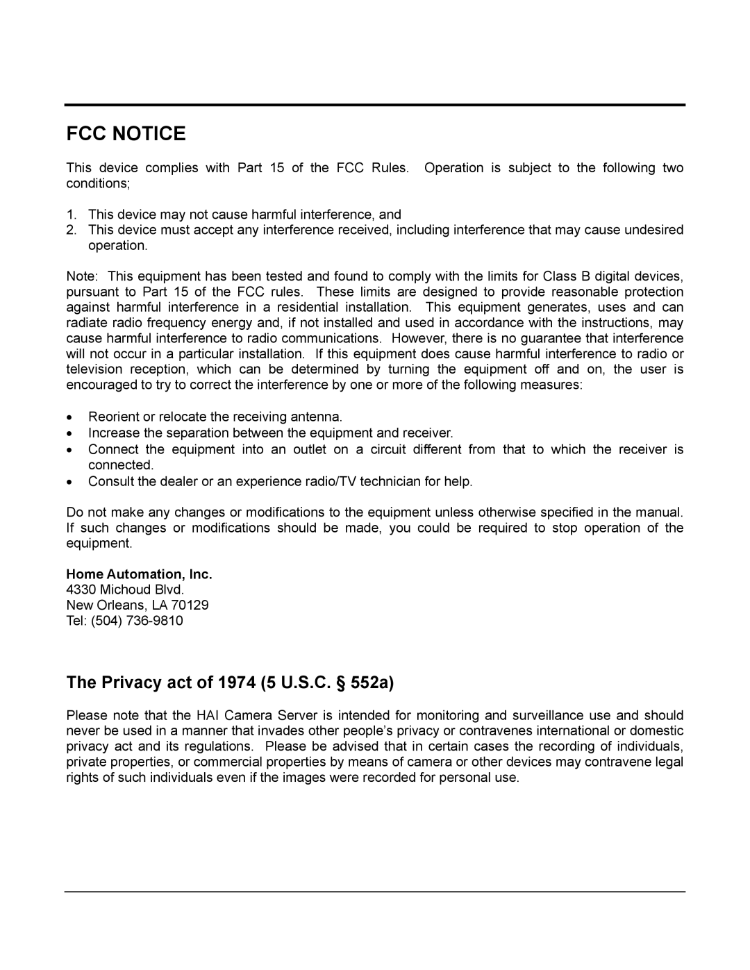 Home Automation 87A00-1 manual FCC Notice, Home Automation, Inc 