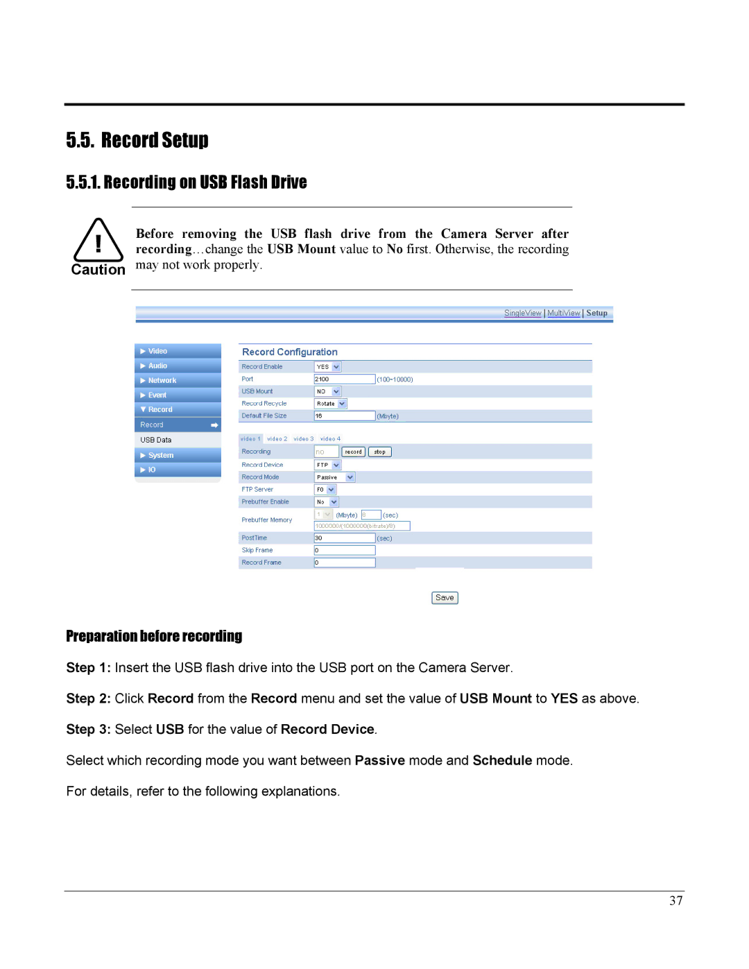 Home Automation 87A00-1 manual Record Setup, Recording on USB Flash Drive, Preparation before recording 