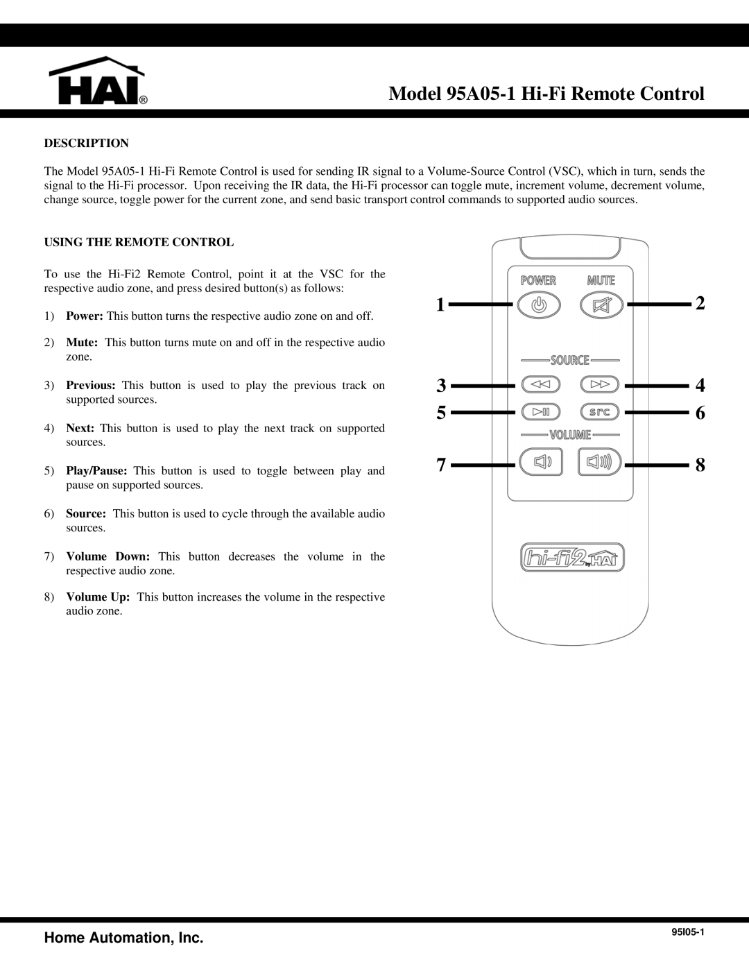 Home Automation manual Model 95A05-1 Hi-Fi Remote Control, Description, Using the Remote Control 