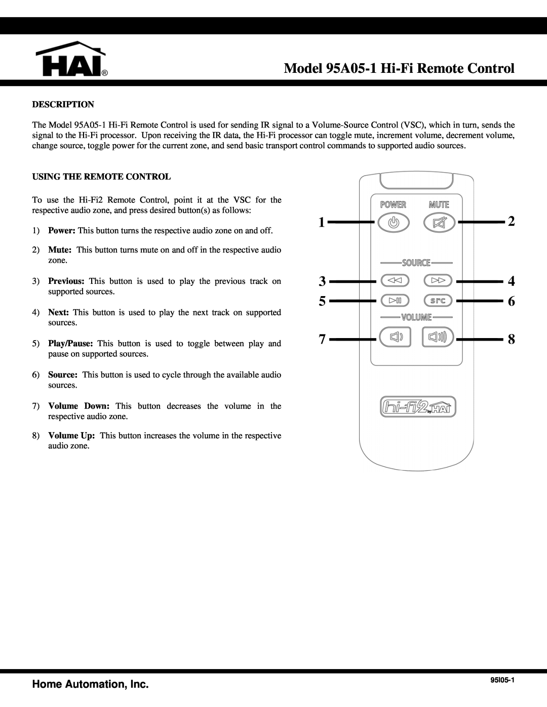Home Automation manual Model 95A05-1 Hi-Fi Remote Control, Home Automation, Inc, Description, Using The Remote Control 