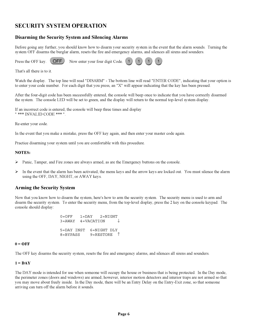 Home Automation II owner manual Security System Operation, Disarming the Security System and Silencing Alarms, = Off, = Day 