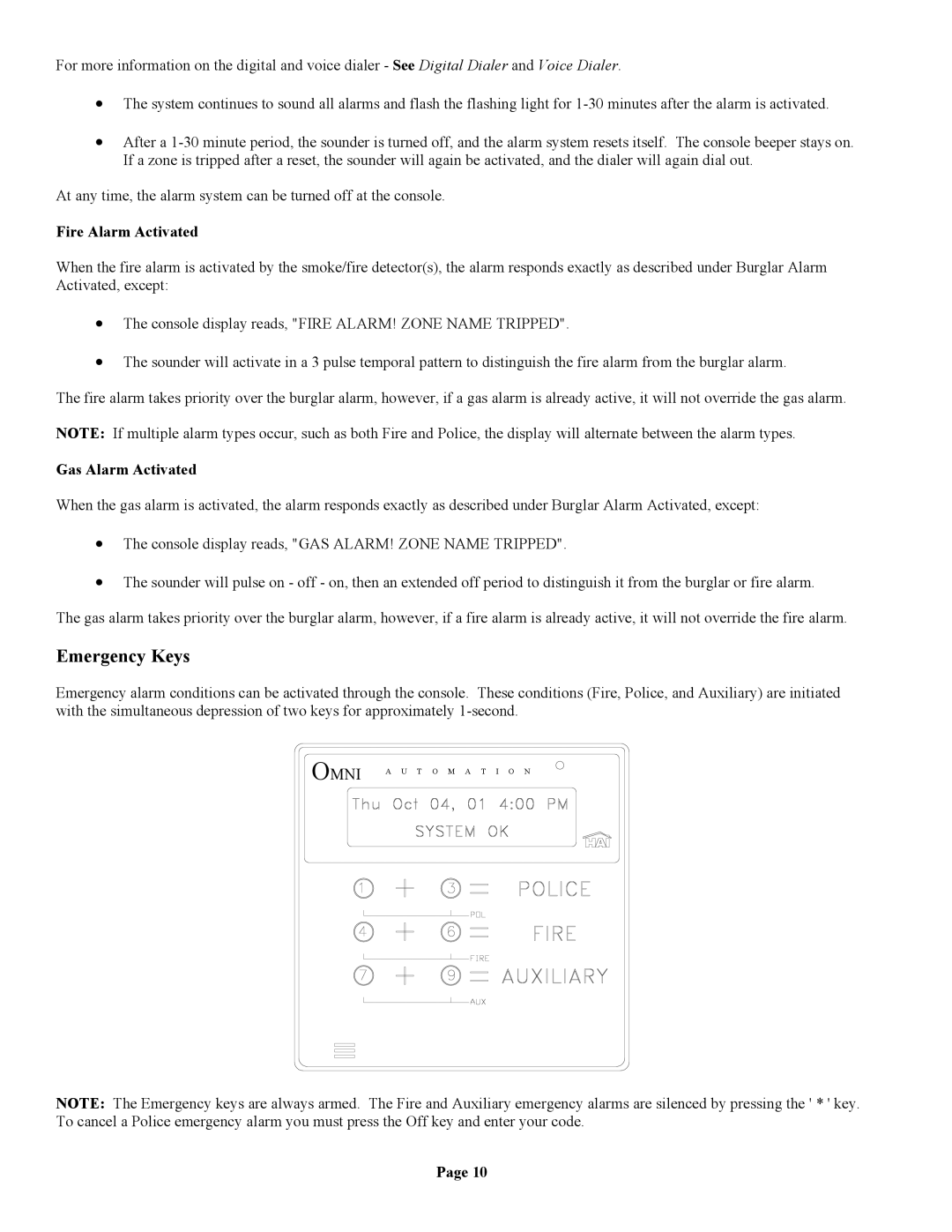 Home Automation II owner manual Emergency Keys, Fire Alarm Activated, Gas Alarm Activated 