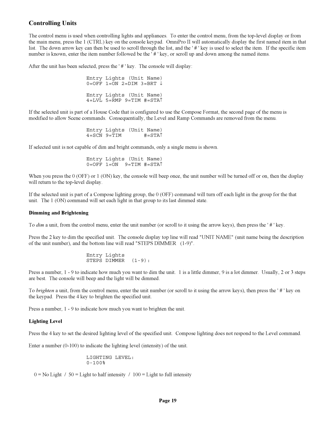 Home Automation II owner manual Controlling Units, Dimming and Brightening, Lighting Level 