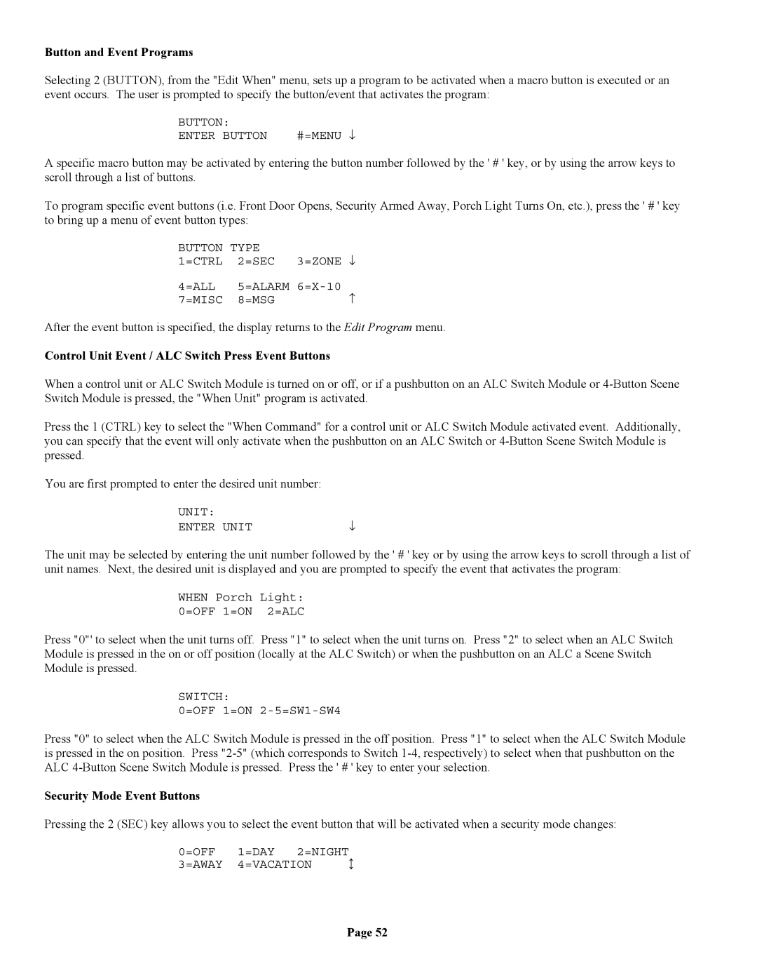 Home Automation II owner manual Button and Event Programs, Control Unit Event / ALC Switch Press Event Buttons 