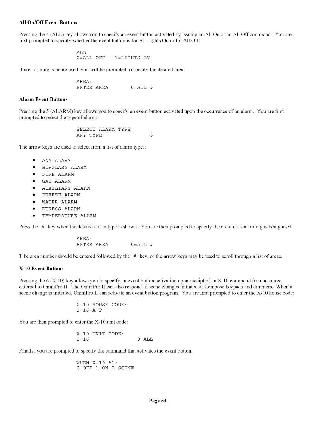 Home Automation II owner manual All On/Off Event Buttons, Alarm Event Buttons 