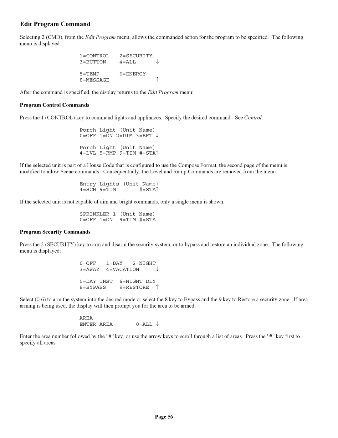 Home Automation II owner manual Edit Program Command, Program Control Commands, Program Security Commands 