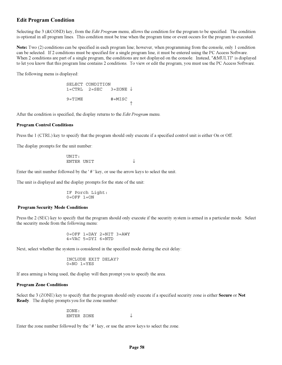 Home Automation II owner manual Edit Program Condition, Program Control Conditions, Program Security Mode Conditions 