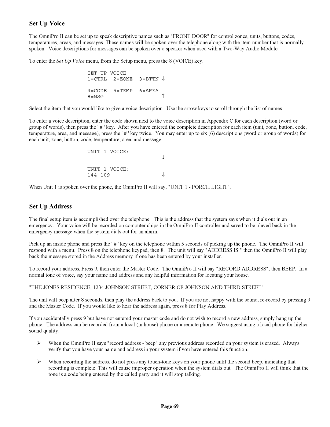 Home Automation II owner manual Set Up Voice, Set Up Address 