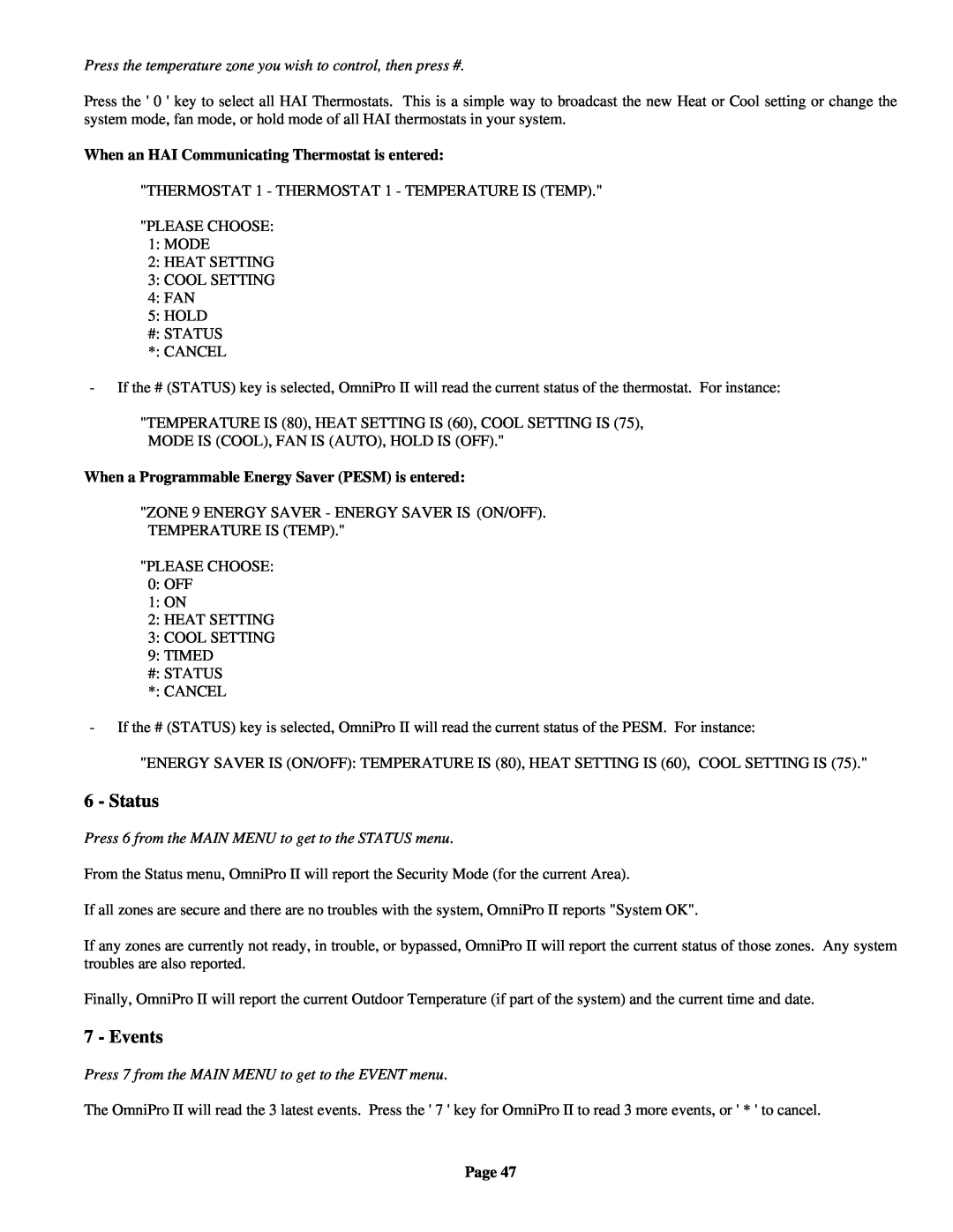 Home Automation OmniPro II owner manual Status, Events, When an HAI Communicating Thermostat is entered, Page 