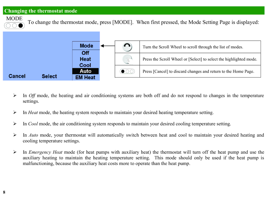 Home Automation RC-1000, RC-2000 manual Changing the thermostat mode 