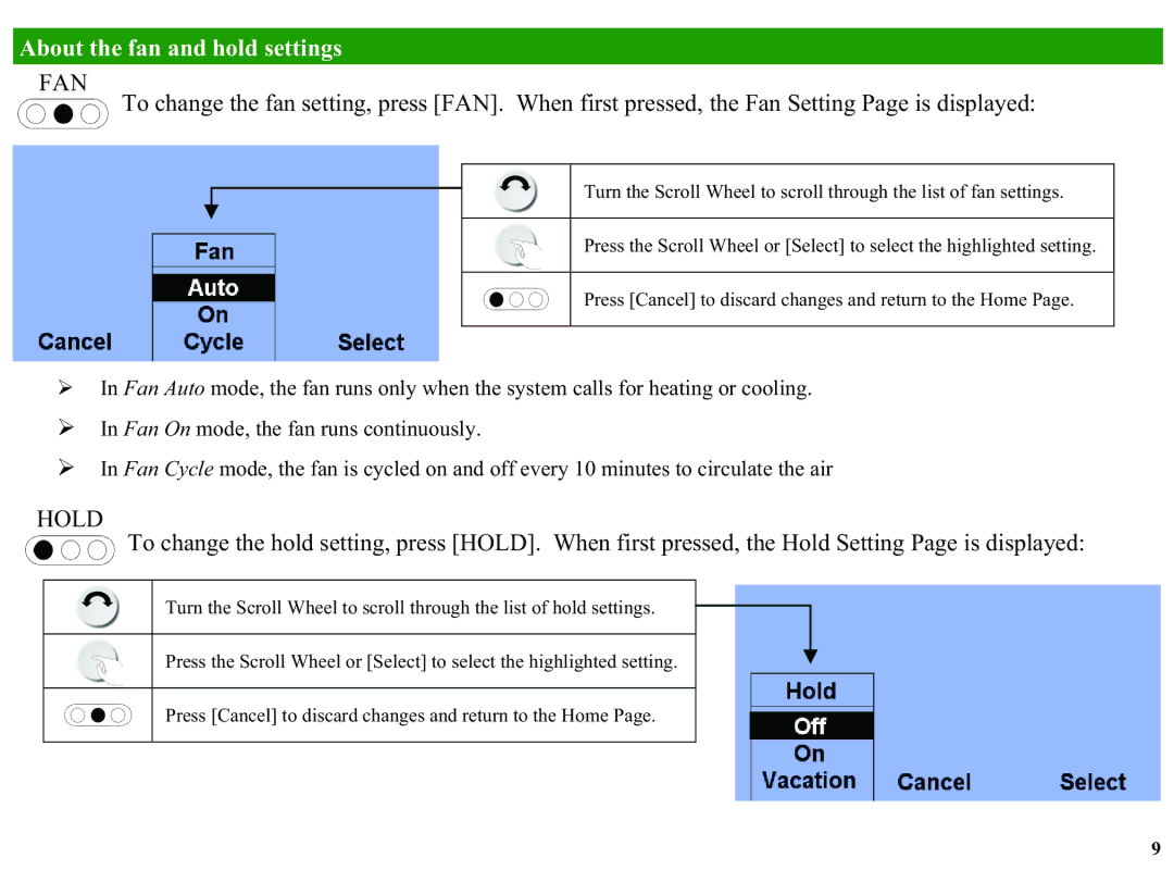 Home Automation RC-2000, RC-1000 manual About the fan and hold settings, Fan 