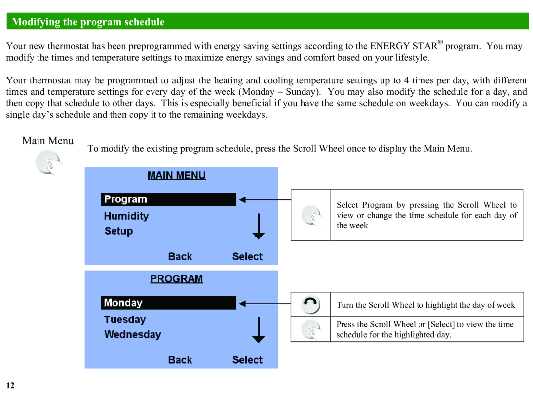 Home Automation RC-1000, RC-2000 manual Modifying the program schedule, Main Menu 