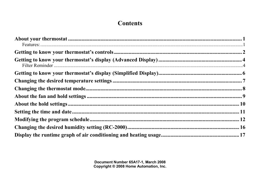 Home Automation RC-1000, RC-2000 manual Contents 