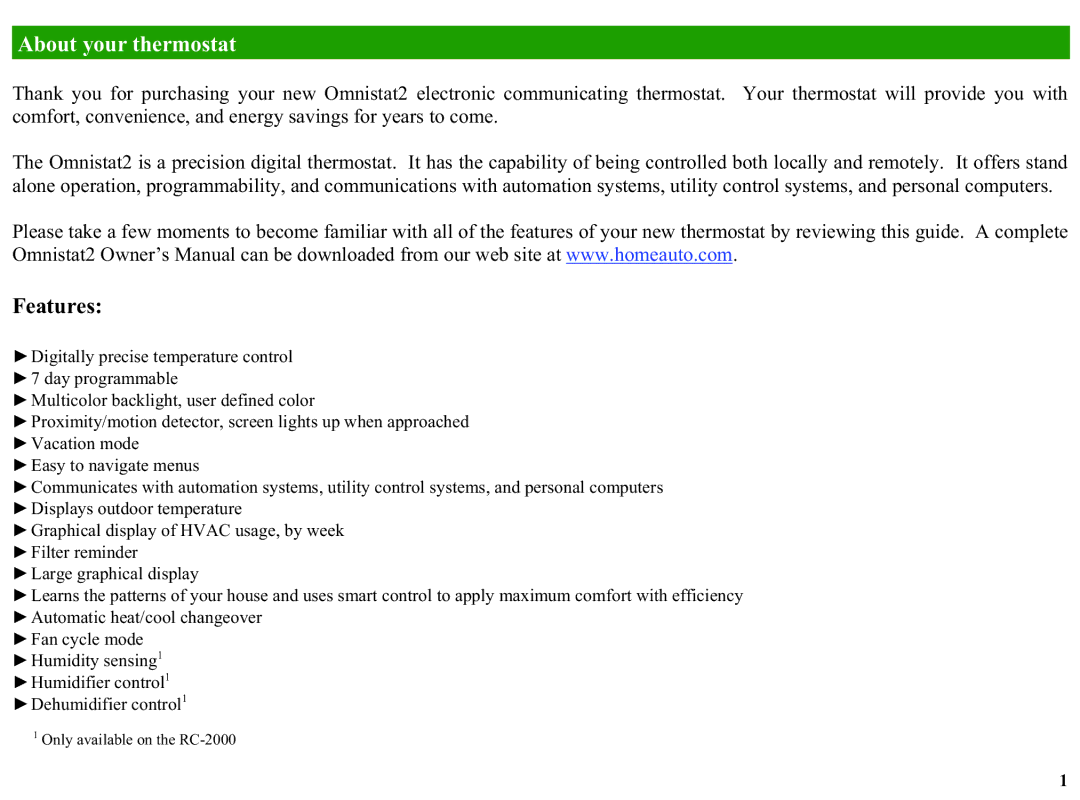 Home Automation RC-2000, RC-1000 manual About your thermostat, Features 