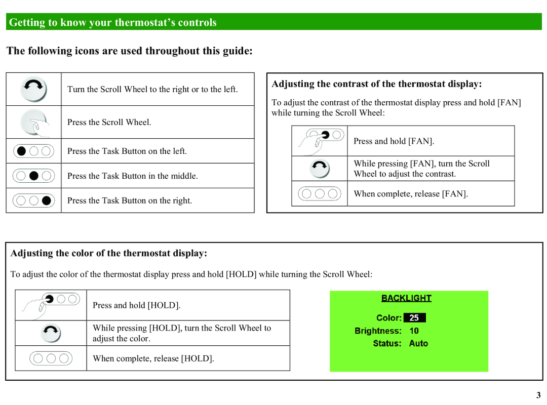 Home Automation RC-2000 Following icons are used throughout this guide, Adjusting the contrast of the thermostat display 