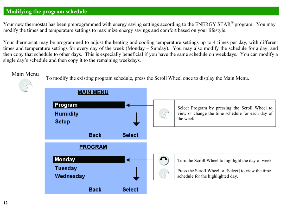 Home Automation RC-1000, RC-2000 manual Main Menu, Modifying the program schedule 