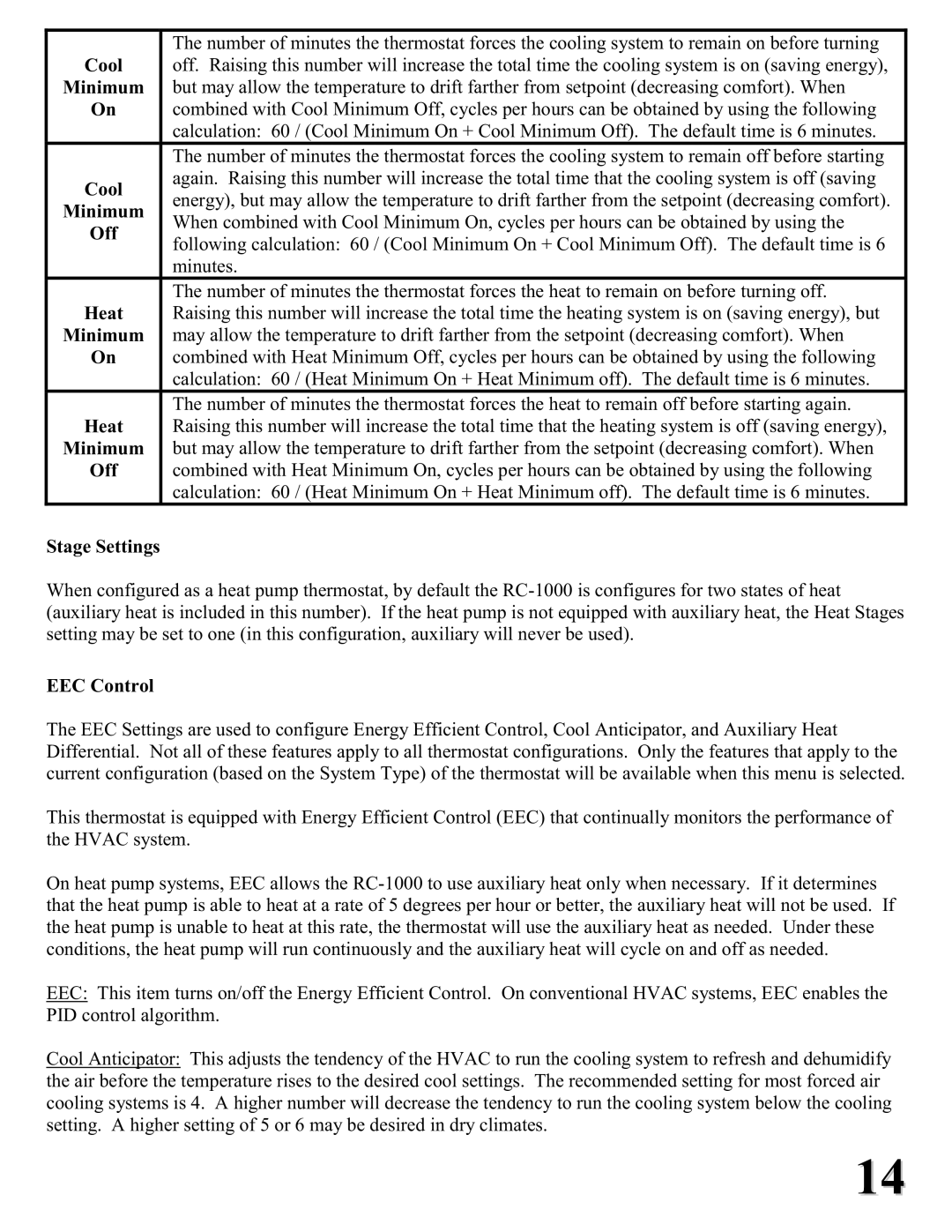 Home Automation RC-1000 installation instructions Cool, Minimum, Off, Heat, Stage Settings, EEC Control 