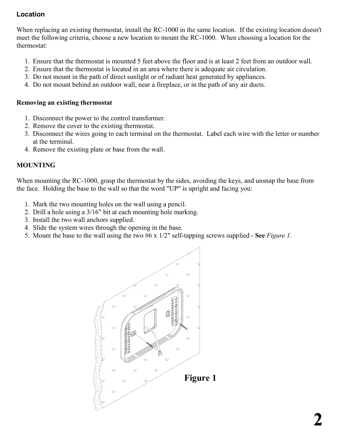 Home Automation RC-1000 installation instructions Removing an existing thermostat, Mounting 