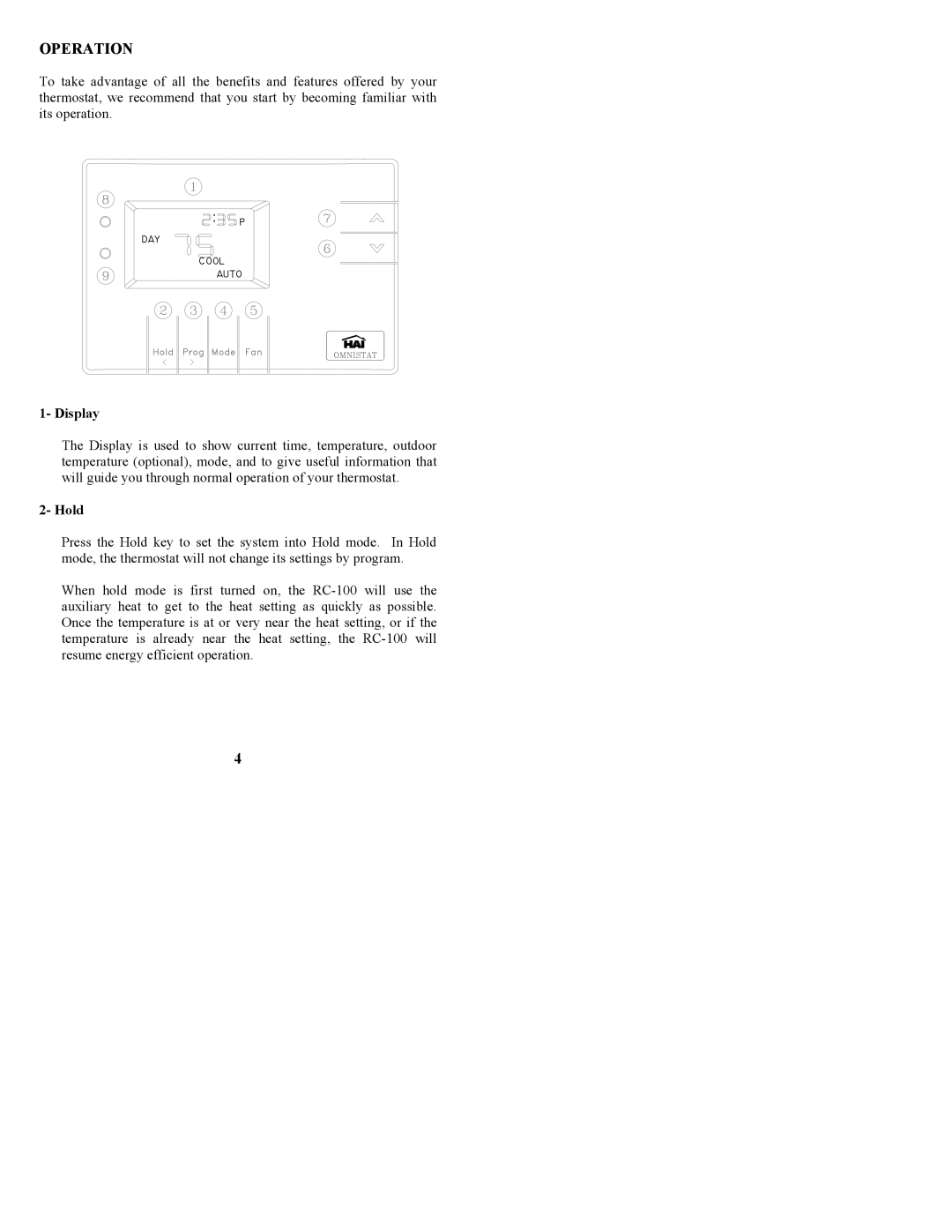 Home Automation RC-100BZ owner manual Operation, Display, Hold 