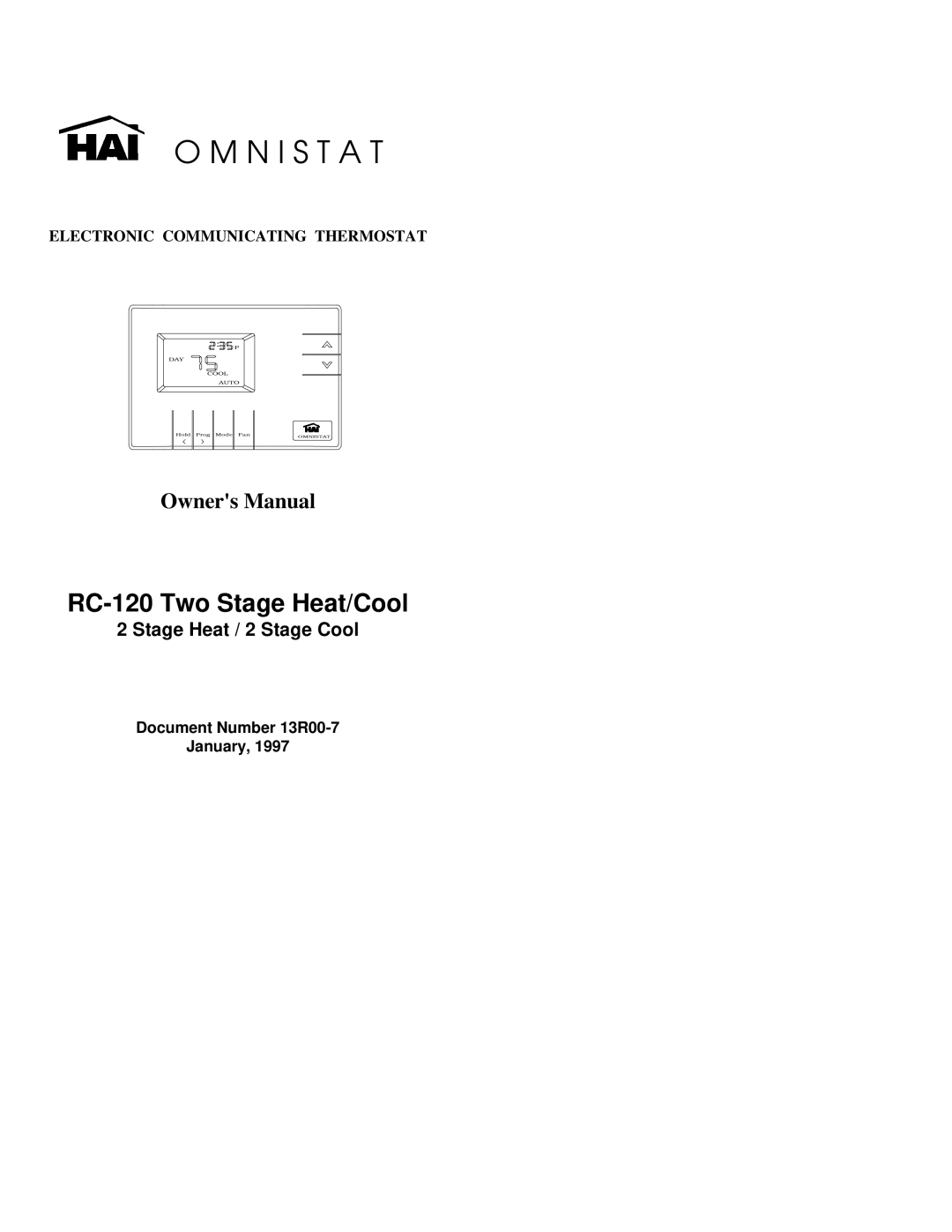 Home Automation owner manual O M N I S T A T, RC-120Two Stage Heat/Cool, Stage Heat / 2 Stage Cool, Day Cool Auto 