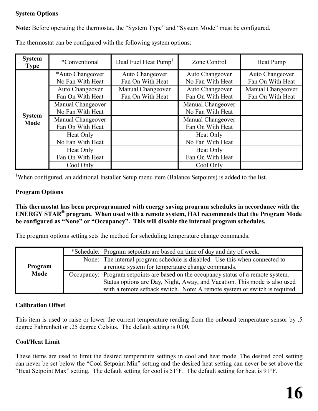 Home Automation RC-2000 System Options, Type, Program Mode, Calibration Offset, Cool/Heat Limit 