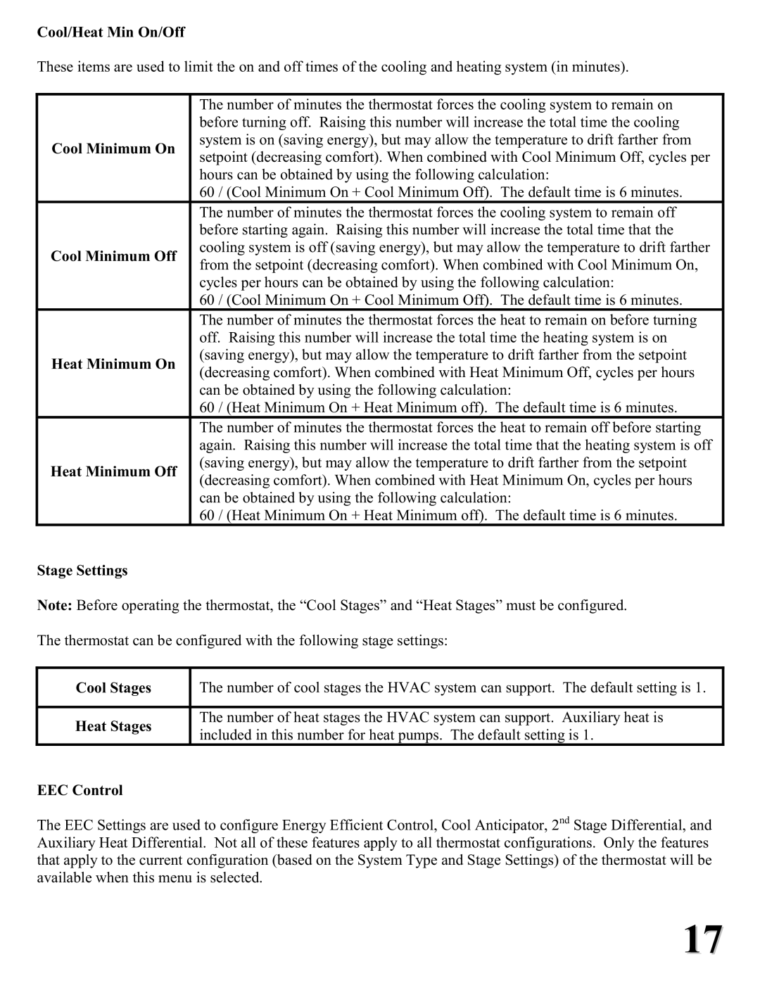 Home Automation RC-2000 Cool/Heat Min On/Off, Cool Minimum On, Cool Minimum Off, Heat Minimum On, Heat Minimum Off 