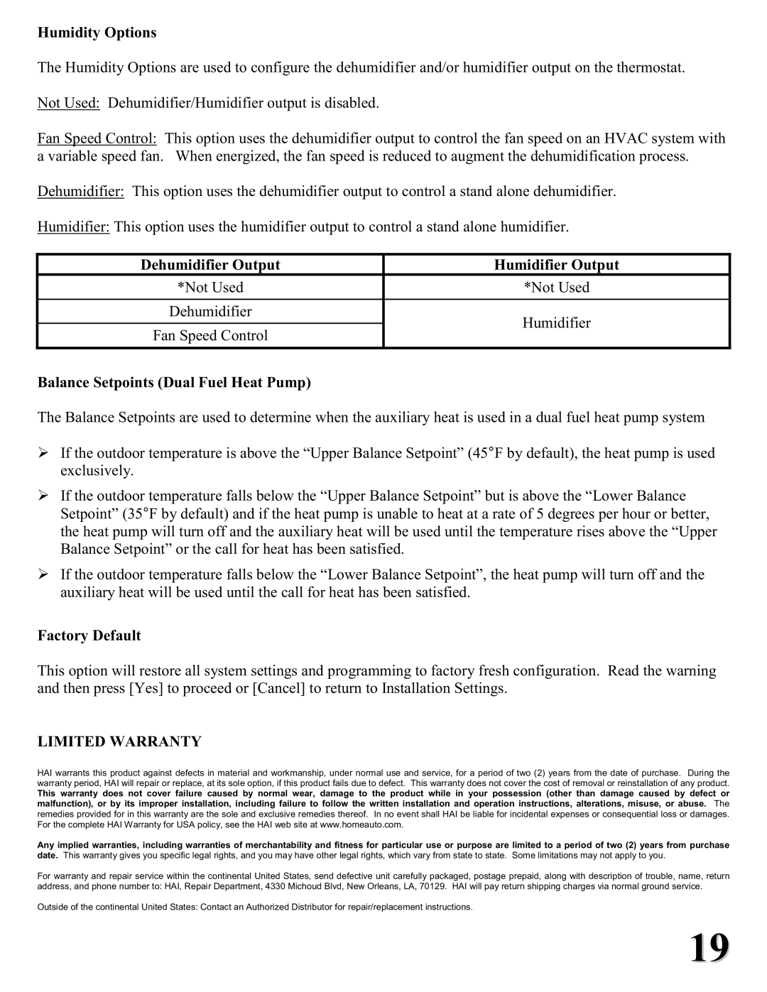 Home Automation RC-2000 Humidity Options, Dehumidifier Output Humidifier Output, Balance Setpoints Dual Fuel Heat Pump 