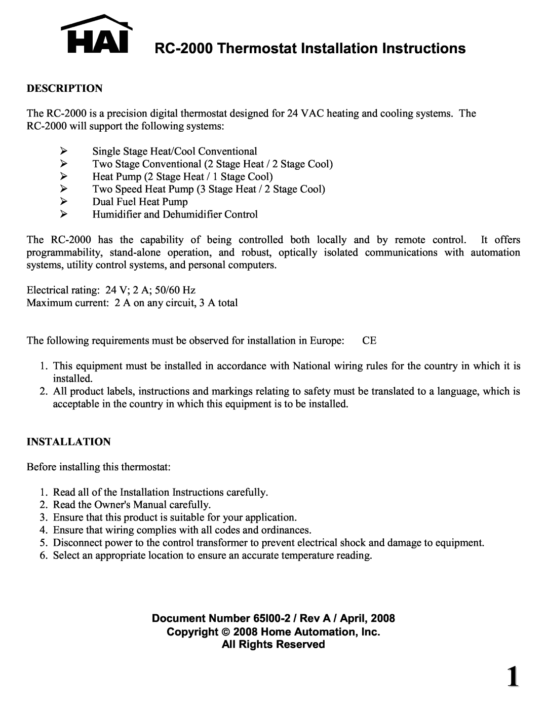 Home Automation RC-2000 installation instructions Document Number 65I00-2 /Rev A / April, All Rights Reserved, Description 
