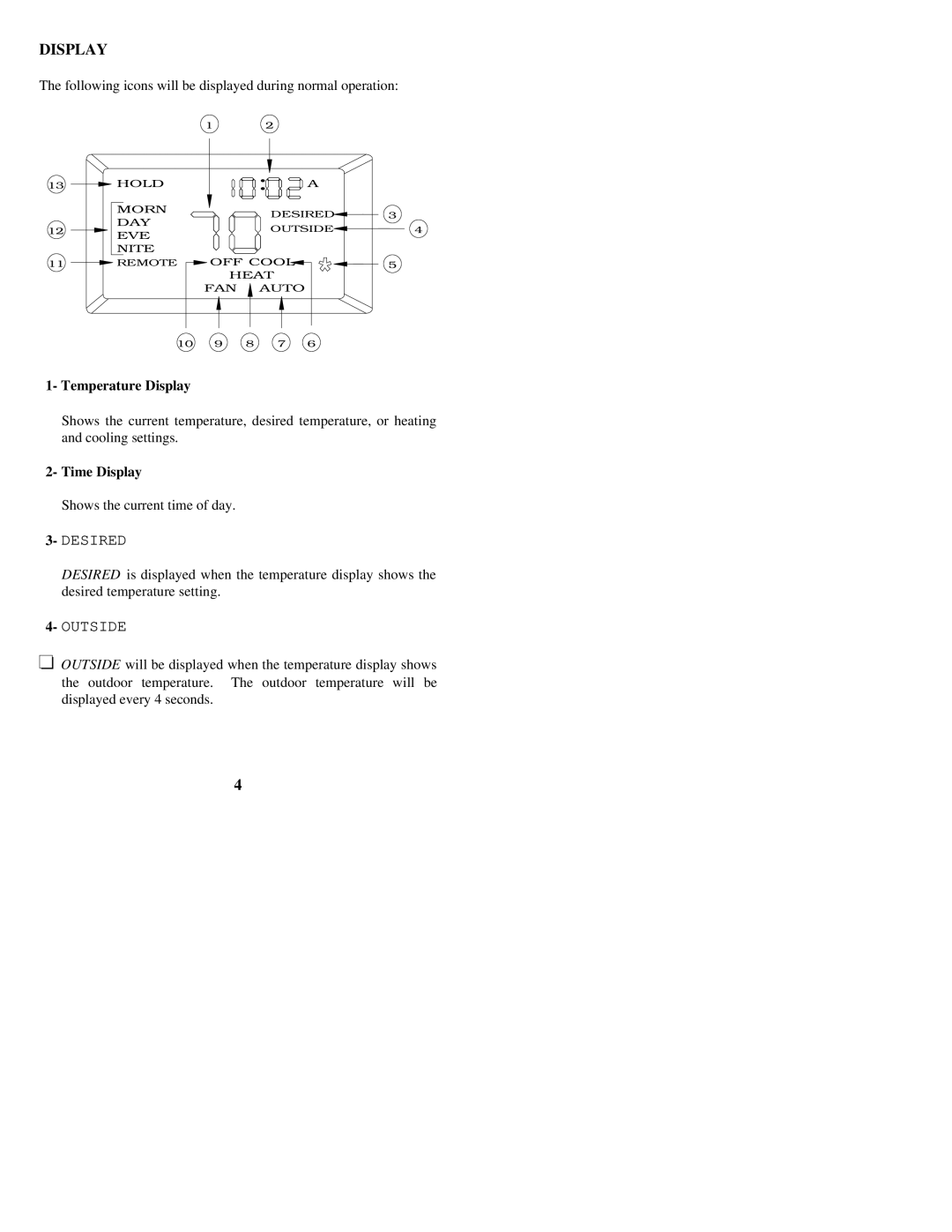 Home Automation RC-80 owner manual Display, Outside 