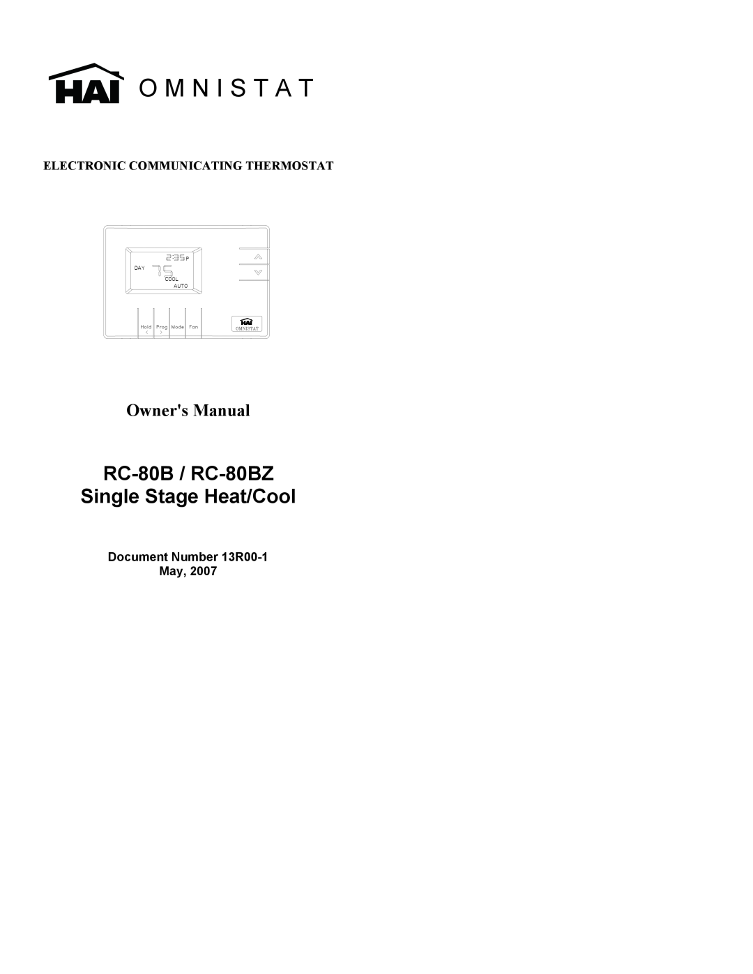 Home Automation RC-80B owner manual Electronic Communicating Thermostat, O M N I S T A T, Document Number 13R00-1 May 