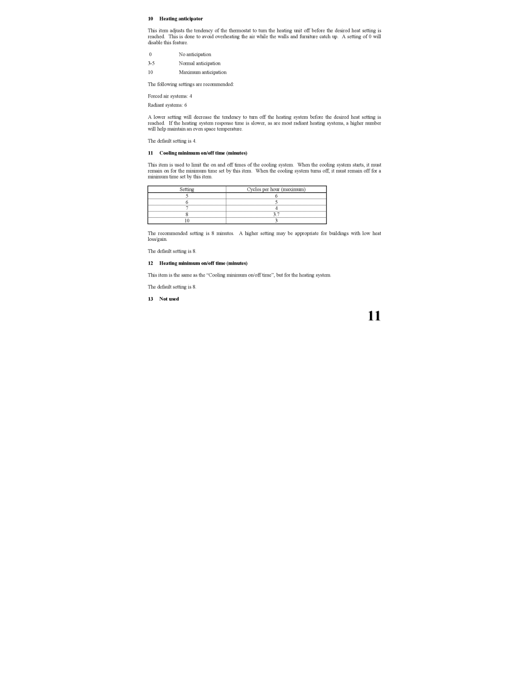 Home Automation RC-80BZ Heating anticipator, Cooling minimum on/off time minutes, Heating minimum on/off time minutes 
