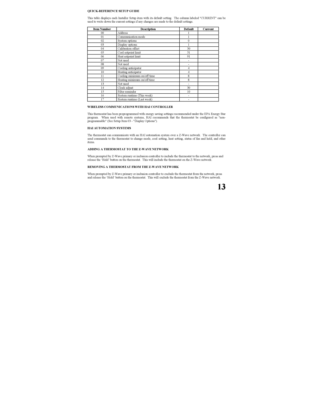 Home Automation RC-80BZ Quick-Referencesetup Guide, Item Number, Description, Default, Current, Hai Automation Systems 