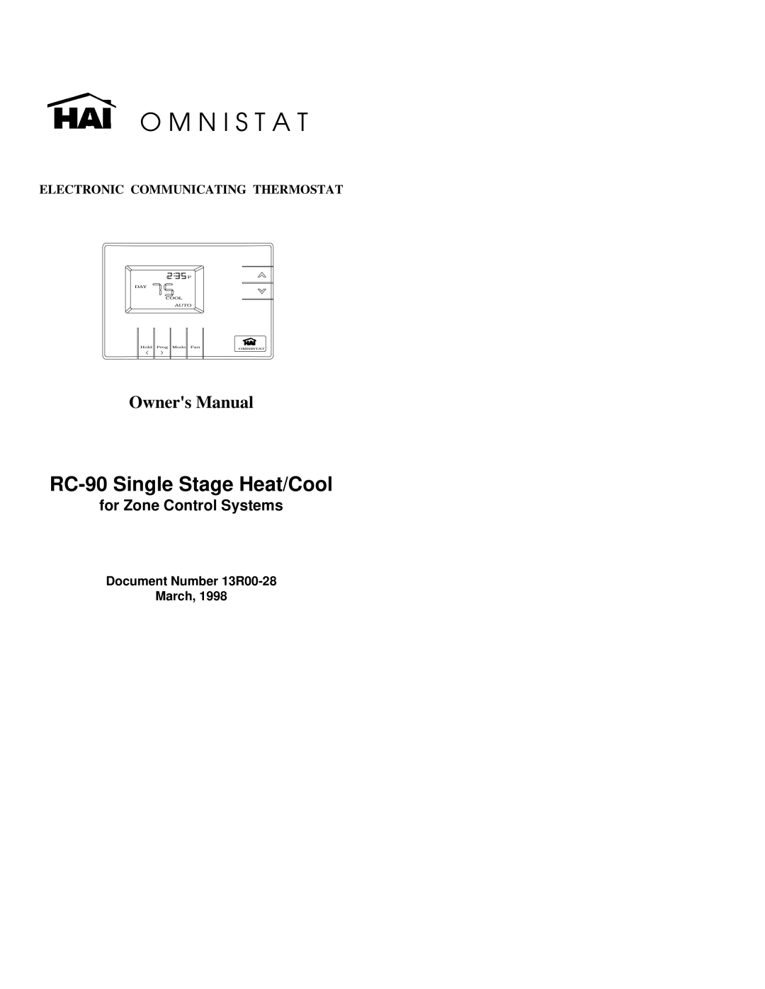 Home Automation owner manual O M N I S T A T, RC-90Single Stage Heat/Cool, for Zone Control Systems, Day Cool Auto 