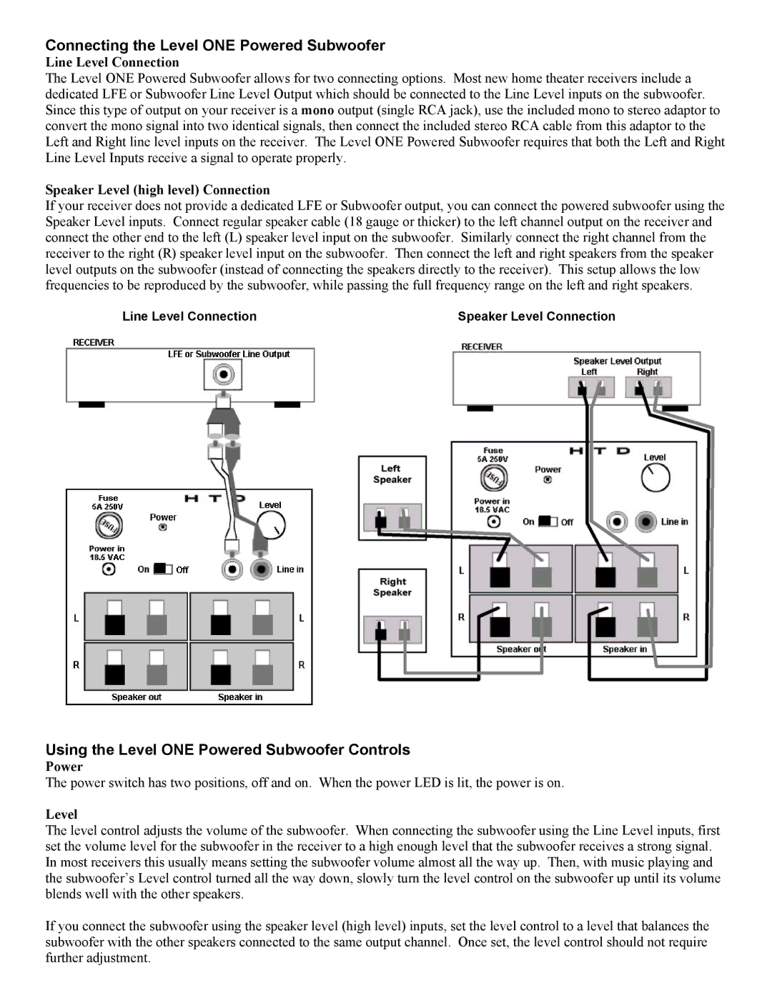 Home Theater Direct HTD-C10 Connecting the Level ONE Powered Subwoofer, Using the Level ONE Powered Subwoofer Controls 