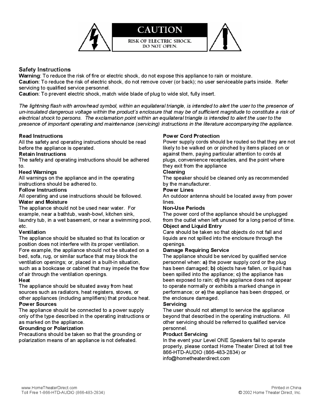 Home Theater Direct HTD-A10, HTD-C10, HTD-S10 owner manual Safety Instructions 