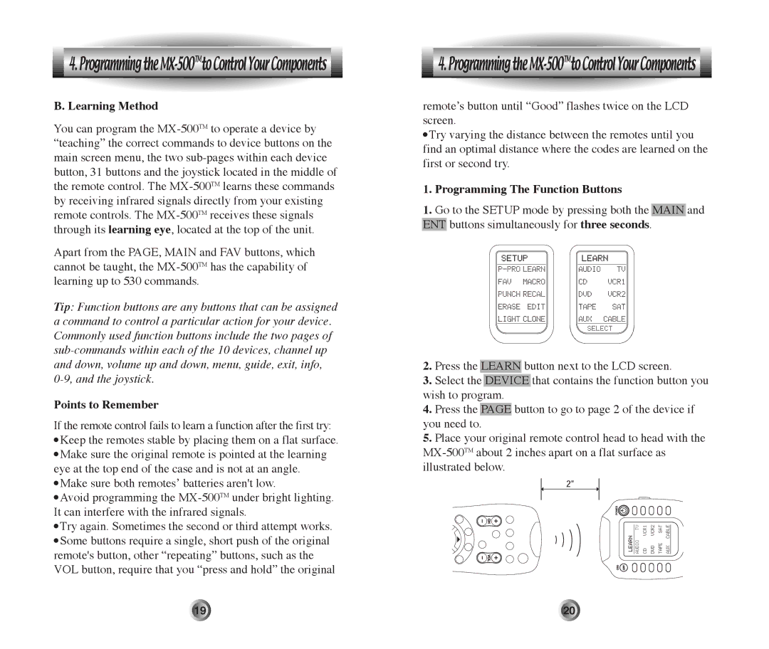 Home Theater Direct MX-500 manual Learning Method, Points to Remember, Programming The Function Buttons 