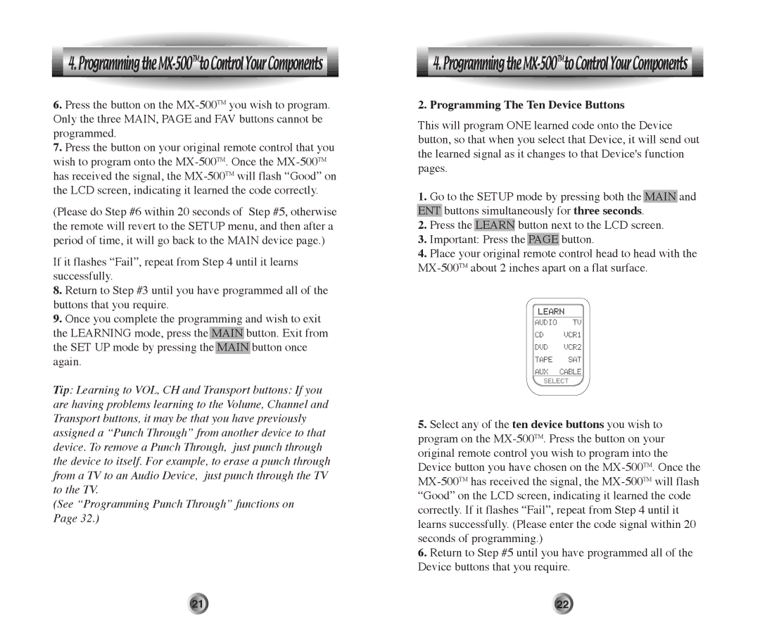 Home Theater Direct MX-500 manual Programming The Ten Device Buttons 