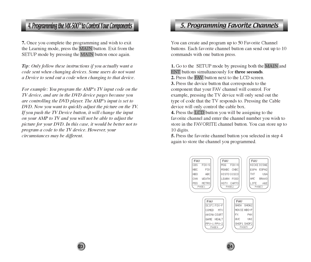 Home Theater Direct MX-500 manual Programming Favorite Channels 