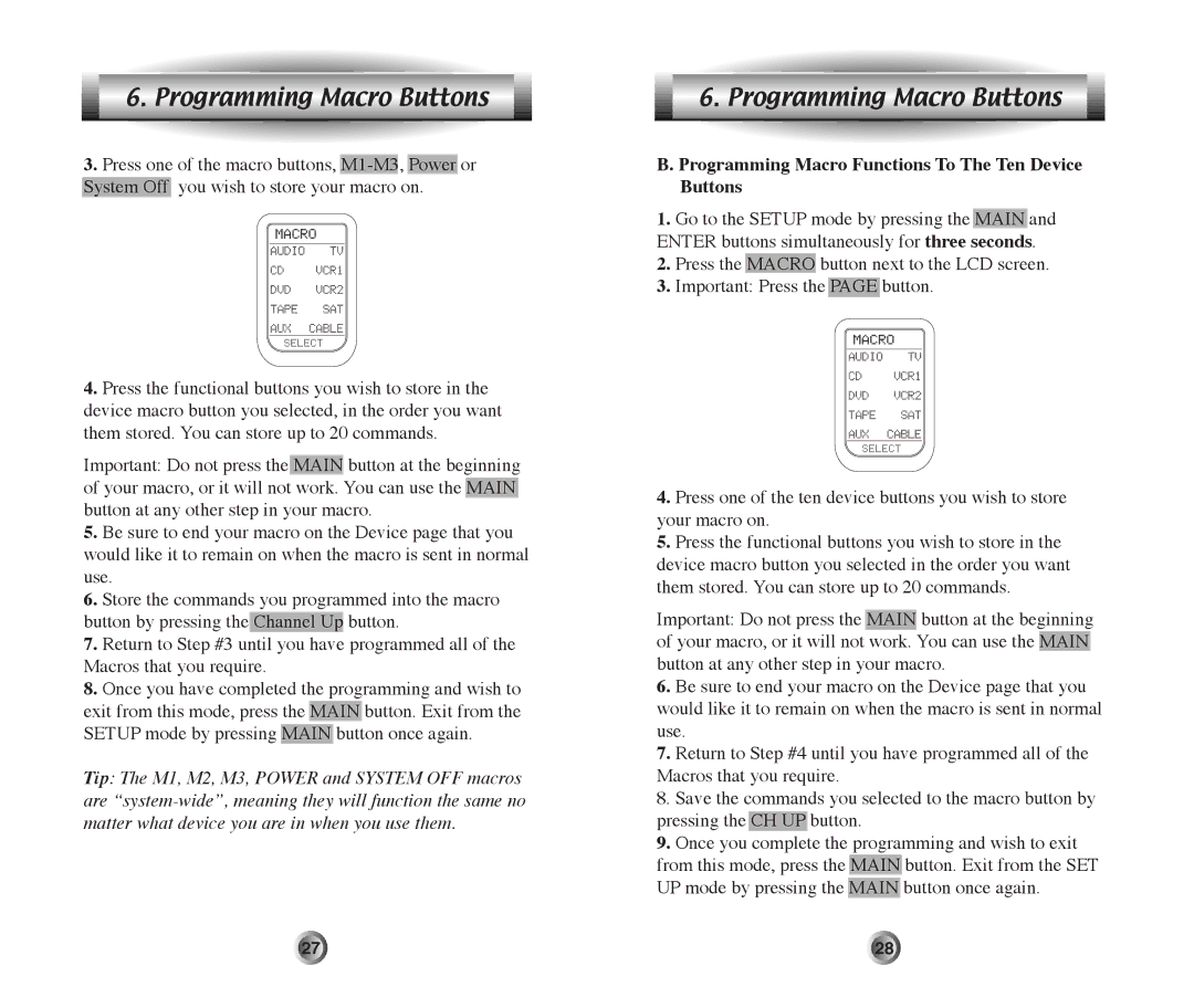 Home Theater Direct MX-500 manual Programming Macro Functions To The Ten Device Buttons 
