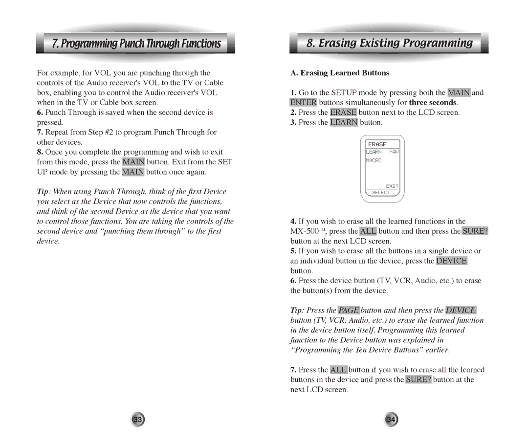 Home Theater Direct MX-500 manual Erasing Existing Programming, Erasing Learned Buttons 