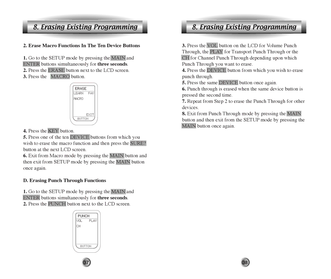 Home Theater Direct MX-500 manual Erase Macro Functions In The Ten Device Buttons, Erasing Punch Through Functions 