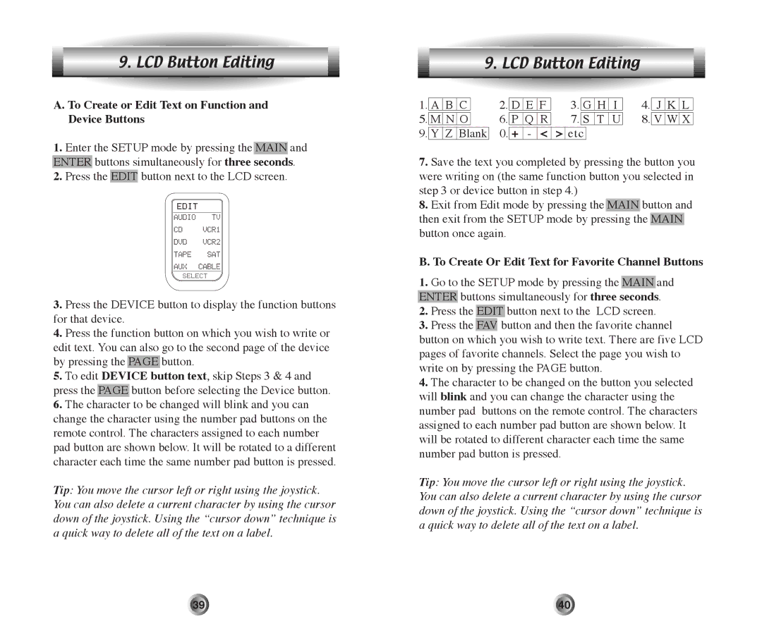 Home Theater Direct MX-500 manual LCD Button Editing, To Create or Edit Text on Function Device Buttons 