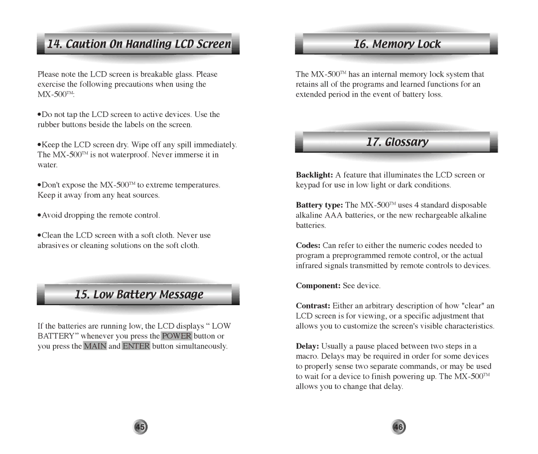 Home Theater Direct MX-500 manual Low Battery Message, Memory Lock, Glossary, Component See device 