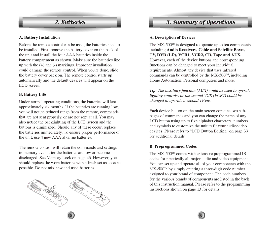 Home Theater Direct MX-500 manual Batteries, Summary of Operations 