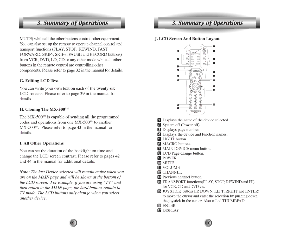 Home Theater Direct manual Editing LCD Text, Cloning The MX-500TM, All Other Operations, LCD Screen And Button Layout 