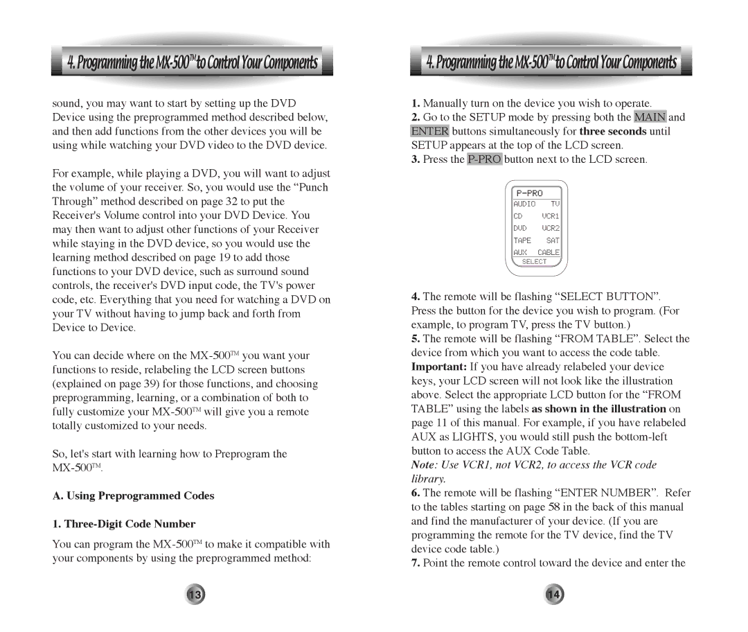 Home Theater Direct MX-500 manual Using Preprogrammed Codes Three-Digit Code Number 