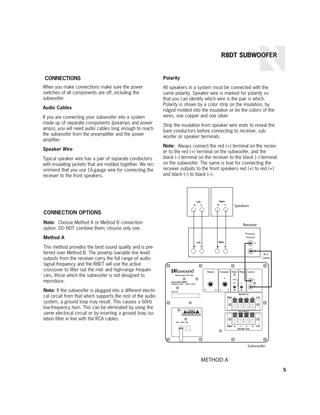 Home Theater Direct user manual Connections, Connection Options, R8DT SUBWOOFER, Method A 